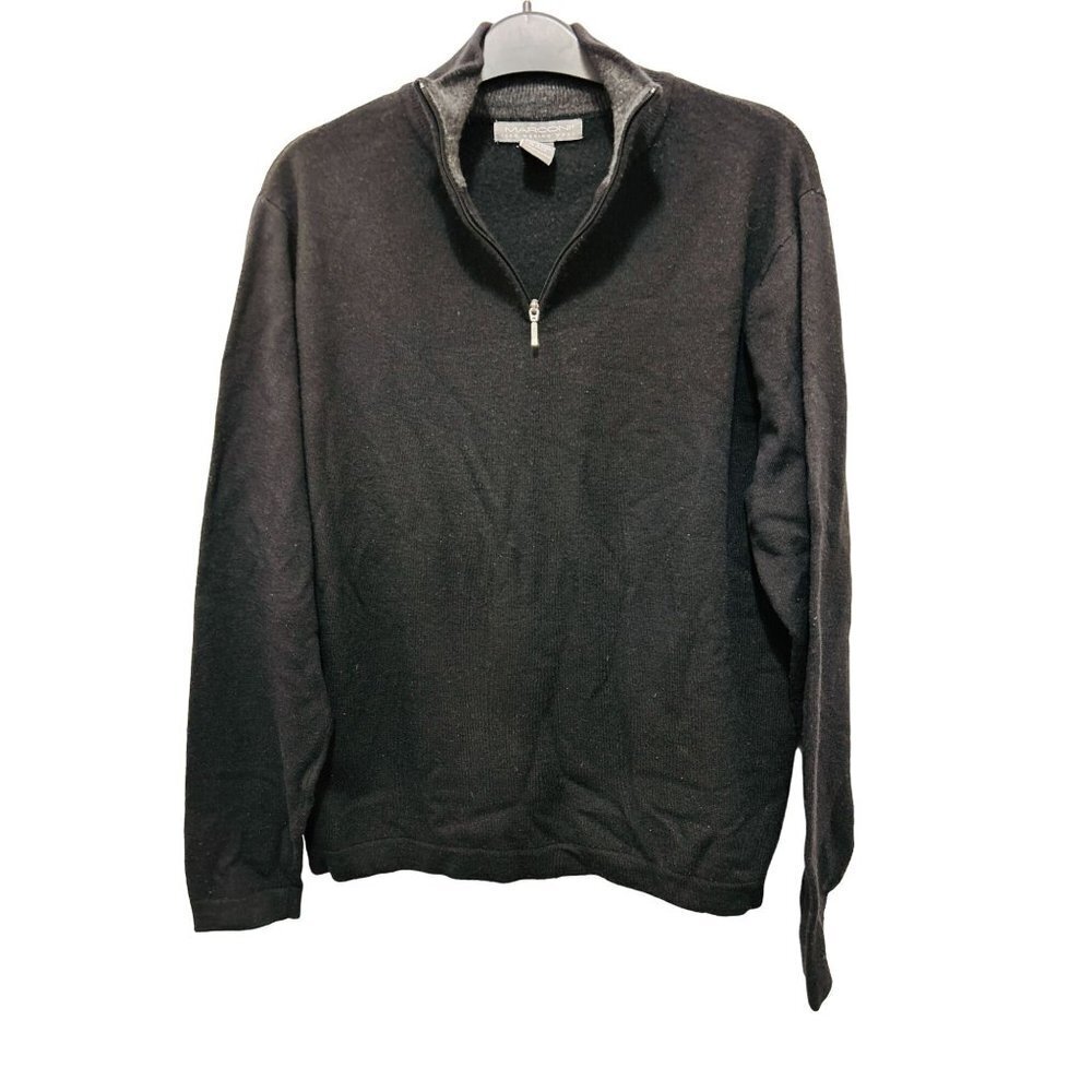 MARCONI 100% Merino Wool 1/4 Zip Black Gray Pullover Sweater Size Med
